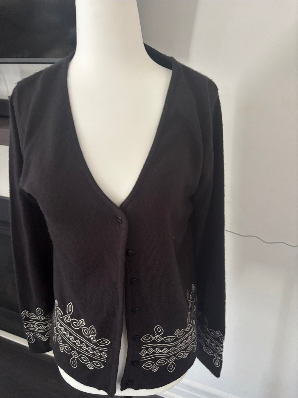 Vintage Black Cardigan with White Embroidered Hem